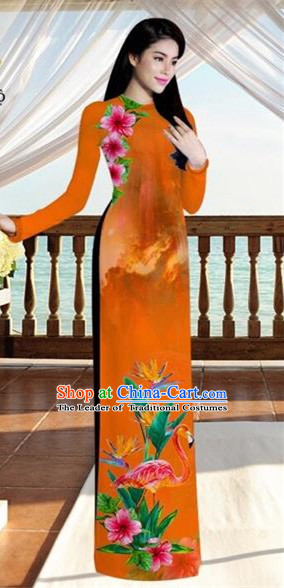 Traditional Top Grade Asian Vietnamese Costumes, Vietnam National Ao Dai Dress Printing Flowers Crane Orange Qipao for Women