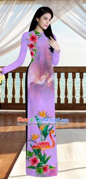 Traditional Top Grade Asian Vietnamese Costumes, Vietnam National Ao Dai Dress Printing Flowers Crane Light Purple Qipao for Women