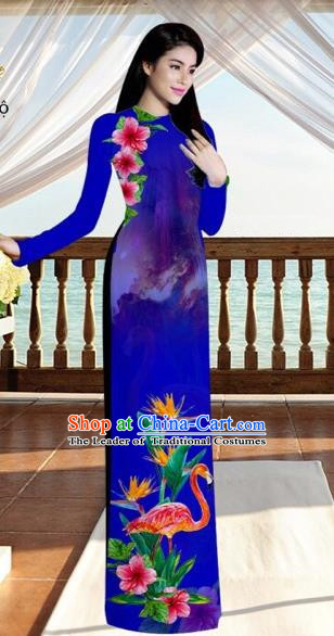 Traditional Top Grade Asian Vietnamese Costumes, Vietnam National Ao Dai Dress Printing Flowers Crane Royalblue Qipao for Women
