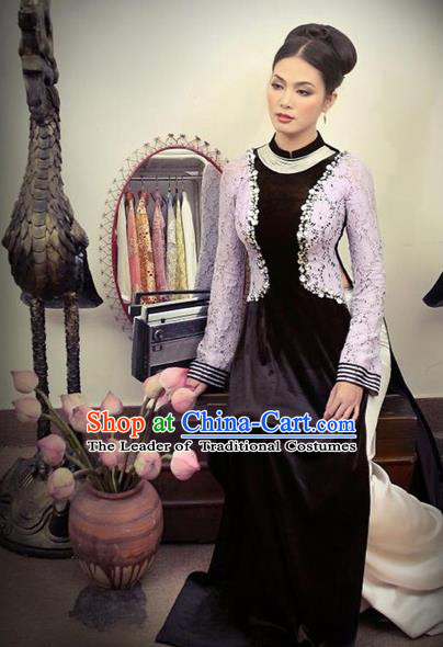 Traditional Top Grade Asian Vietnamese Costumes Handmade Full Dress, Vietnam National Ao Dai Dress Lace Pleuche Qipao for Women