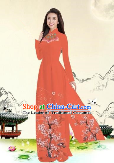 Traditional Top Grade Asian Vietnamese Costumes Classical Plum Blossom Pattern Full Dress, Vietnam National Ao Dai Dress Orange Etiquette Qipao for Women