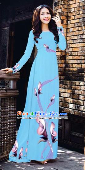 Traditional Top Grade Asian Vietnamese Costumes Classical Printing Flowers Pattern Full Dress, Vietnam National Ao Dai Dress Sky Blue Etiquette Qipao for Women