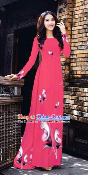 Traditional Top Grade Asian Vietnamese Costumes Classical Printing Flowers Pattern Full Dress, Vietnam National Ao Dai Dress Rosy Etiquette Qipao for Women