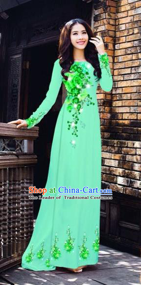 Traditional Top Grade Asian Vietnamese Costumes Dance Dress, Vietnam National Women Ao Dai Dress Printing Flowers Green Cheongsam Clothing
