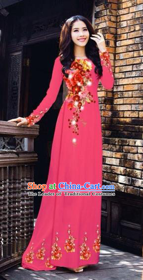 Traditional Top Grade Asian Vietnamese Costumes Dance Dress, Vietnam National Women Ao Dai Dress Printing Flowers Rose Cheongsam Clothing