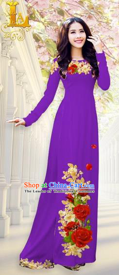 Traditional Top Grade Asian Vietnamese Costumes, Vietnam National Ao Dai Dress Printing Flowers Purple Qipao for Women