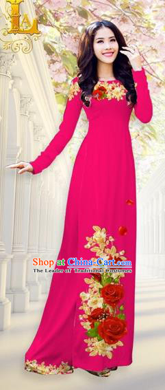 Traditional Top Grade Asian Vietnamese Costumes, Vietnam National Ao Dai Dress Printing Flowers Rosy Qipao for Women