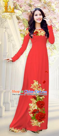 Traditional Top Grade Asian Vietnamese Costumes, Vietnam National Ao Dai Dress Printing Flowers Red Qipao for Women