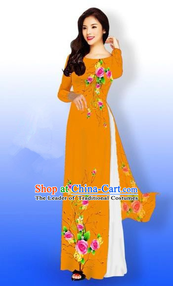 Traditional Top Grade Asian Vietnamese Costumes Full Dress, Vietnam National Ao Dai Dress Printing Rose Flowers Orange Qipao for Women