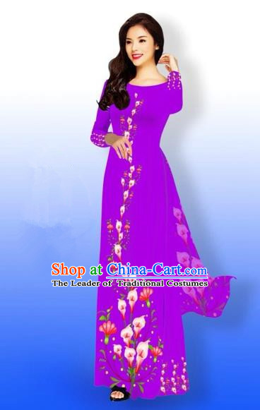 Traditional Top Grade Asian Vietnamese Costumes Full Dress, Vietnam National Ao Dai Dress Printing Purple Qipao for Women