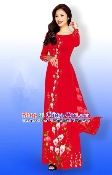 Traditional Top Grade Asian Vietnamese Costumes Full Dress, Vietnam National Ao Dai Dress Printing Red Qipao for Women