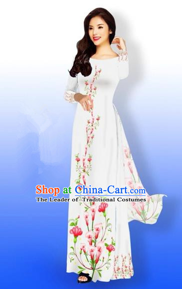 Traditional Top Grade Asian Vietnamese Costumes Full Dress, Vietnam National Ao Dai Dress Printing Flowers White Qipao for Women