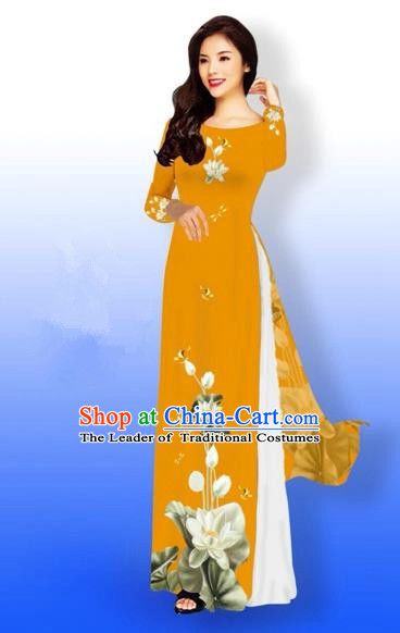 Traditional Top Grade Asian Vietnamese Costumes Full Dress, Vietnam National Ao Dai Dress Printing Flowers Round Collar Orange Qipao for Women