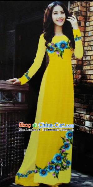 Traditional Top Grade Asian Vietnamese Costumes Classical Printing Wedding Full Dress, Vietnam National Ao Dai Dress Yellow Bride Qipao for Women