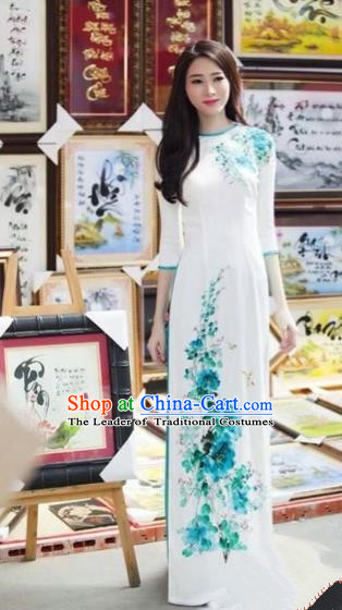 Traditional Top Grade Asian Vietnamese Costumes Classical Hand Printing Flowers Dowager Full Dress, Vietnam National Ao Dai Dress Bride White Qipao for Women