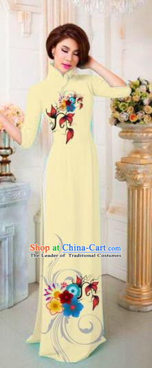 Traditional Top Grade Asian Vietnamese Costumes Classical Printing Flowers Full Dress, Vietnam National Ao Dai Dress Catwalks Princess Light Yellow Qipao for Women