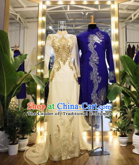 Traditional Top Grade Asian Vietnamese Costumes Classical Wedding Full Dress, Vietnam National Ao Dai Dress Catwalks Princess Bride Qipao for Women