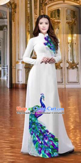 Traditional Top Grade Asian Vietnamese Costumes Classical Printing Peacock White Full Dress, Vietnam National Ao Dai Dress Catwalks Debutante Qipao for Women