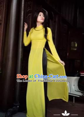 Traditional Top Grade Asian Vietnamese Costumes Classical Full Dress and Loose Pants, Vietnam National Ao Dai Dress Yellow Qipao for Women