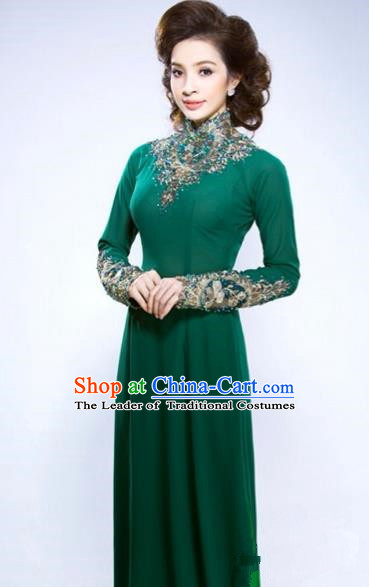 Traditional Top Grade Asian Vietnamese Costumes Classical Hand Embroidery Full Dress and Loose Pants, Vietnam National Ao Dai Dress Green Qipao for Women