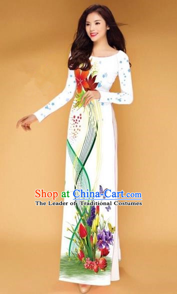 Traditional Top Grade Asian Vietnamese Costumes Classical Printing Butterfly Flowers Full Dress, Vietnam National Ao Dai Dress Catwalks White Qipao for Women