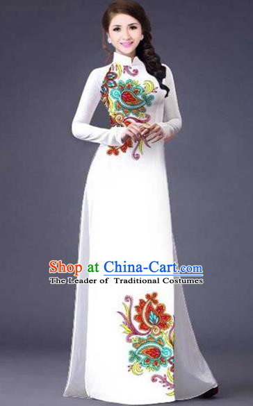 Traditional Top Grade Asian Vietnamese Costumes Classical Printing Flowers Pattern Full Dress, Vietnam National Ao Dai Dress Catwalks White Qipao for Women