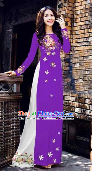 Traditional Top Grade Asian Vietnamese Costumes Classical Printing Peony Pattern Full Dress, Vietnam National Ao Dai Dress Catwalks Purple Qipao for Women