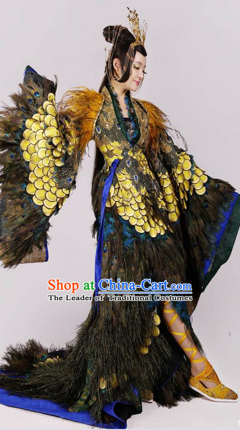 Traditional Chinese Ancient Su Daji Palace Dance Costume and Handmade Headpiece Complete Set, Above The Clouds China Royal Lady Peacock Feathers Dance Clothing for Women
