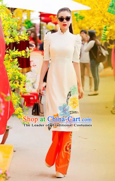 Traditional Top Grade Asian Vietnamese Costumes Classical Printing Flowers Full Dress, Vietnam National Ao Dai Dress Catwalks White Short Qipao for Women