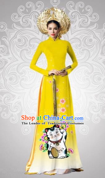 Traditional Top Grade Asian Vietnamese Costumes Classical Printing Cats Full Dress, Vietnam National Ao Dai Dress Catwalks Debutante Yellow Qipao for Women