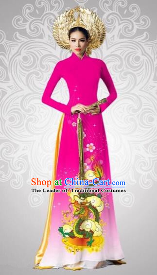 Traditional Top Grade Asian Vietnamese Costumes Classical Printing Dragon Full Dress, Vietnam National Ao Dai Dress Catwalks Debutante Pink Qipao for Women