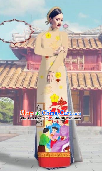 Traditional Top Grade Asian Vietnamese Costumes Classical Printing Khaki Full Dress, Vietnam National Ao Dai Dress Catwalks Debutante Happy New Year Qipao for Women