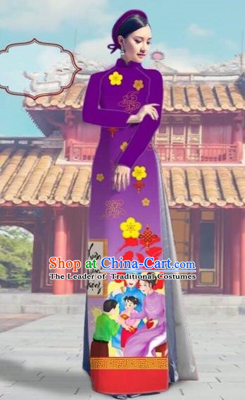 Traditional Top Grade Asian Vietnamese Costumes Classical Printing Purple Full Dress, Vietnam National Ao Dai Dress Catwalks Debutante Happy New Year Qipao for Women