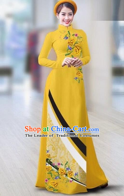 Traditional Top Grade Asian Vietnamese Costumes Classical Printing Full Dress Dance Cothing, Vietnam National Ao Dai Dress Catwalks Debutante Yellow Qipao for Women