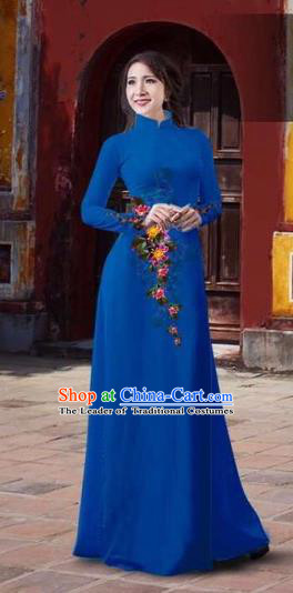 Traditional Top Grade Asian Vietnamese Costumes Classical 3D Printing Flowers Full Dress, Vietnam National Ao Dai Dress Catwalks Debutante Blue Qipao for Women