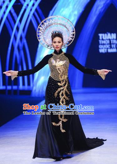 Traditional Top Grade Asian Vietnamese Costumes Classical Embroidery Phoenix Full Dress, Vietnam National Ao Dai Dress Catwalks Debutante Queen Qipao for Women