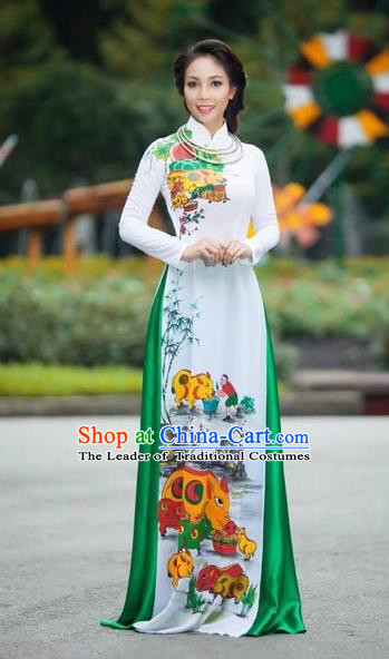 Traditional Top Grade Asian Vietnamese Costumes Classical Printing Full Dress, Vietnam National Ao Dai Dress Catwalks Debutante White Qipao for Women