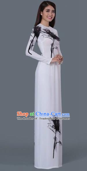 Traditional Top Grade Asian Vietnamese Costumes Classical Princess Ink Painting Full Dress, Vietnam National Ao Dai Dress White Cheongsam for Women