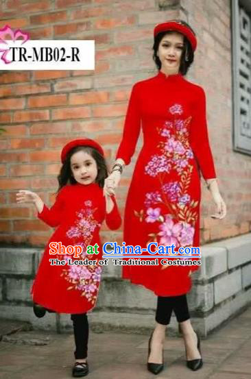 Traditional Top Grade Asian Vietnamese Costumes Classical Printing Cheongsam, Vietnam National Ao Dai Dress Parent-child Red Full Dress for Women for Kids