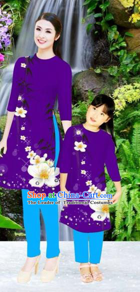 Traditional Top Grade Asian Vietnamese Costumes Classical Printing Flowers Purple Full Dress, Vietnam National Ao Dai Dress Mother-daughter Cheongsam for Women for Kids