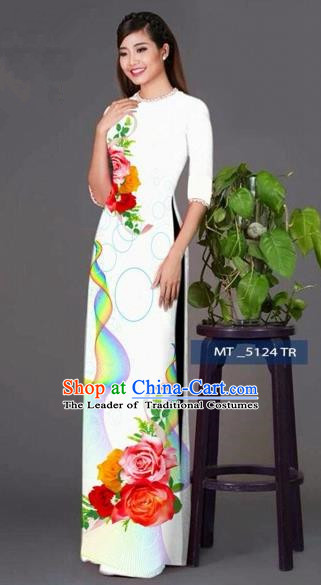Traditional Top Grade Asian Vietnamese Costumes Classical Princess Printing Cheongsam, Vietnam National Ao Dai Dress White Full Dress for Women