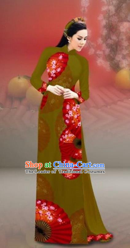 Traditional Top Grade Asian Vietnamese Costumes Classical New Year Printing Cheongsam, Vietnam National Olive Green Ao Dai Dress for Women