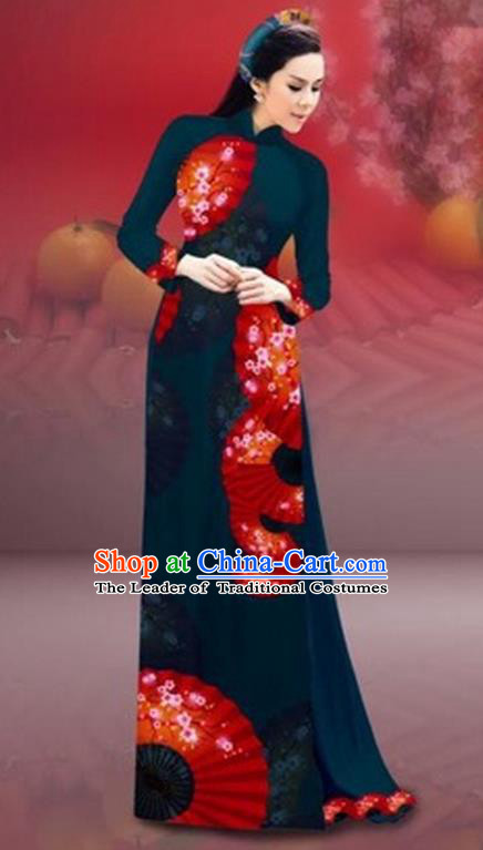 Traditional Top Grade Asian Vietnamese Costumes Classical New Year Printing Cheongsam, Vietnam National Peacock Blue Ao Dai Dress for Women