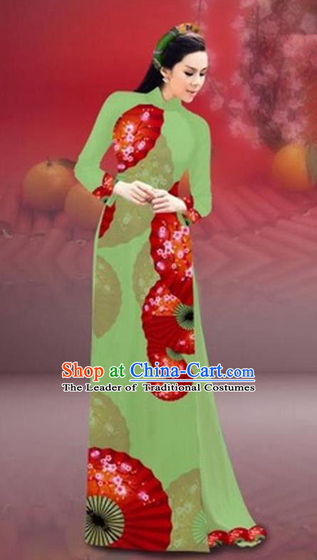 Traditional Top Grade Asian Vietnamese Costumes Classical New Year Printing Cheongsam, Vietnam National Green Ao Dai Dress for Women