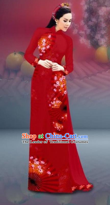 Traditional Top Grade Asian Vietnamese Costumes Classical New Year Printing Cheongsam, Vietnam National Red Ao Dai Dress for Women