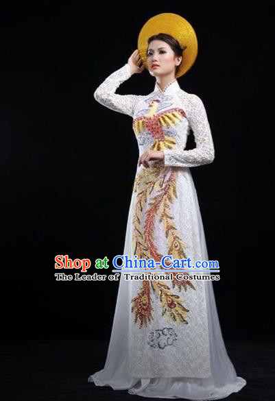 Traditional Top Grade Asian Vietnamese Costumes Classical Embroidering Phoenix Cheongsam, Vietnam National Wedding Bride Ao Dai Dress for Women