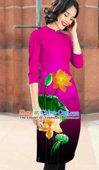 Traditional Top Grade Asian Vietnamese Costumes Classical Printing Lotus Cheongsam, Vietnam National Rosy Short Ao Dai Dress for Women