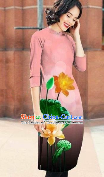Traditional Top Grade Asian Vietnamese Costumes Classical Printing Lotus Cheongsam, Vietnam National Pink Short Ao Dai Dress for Women