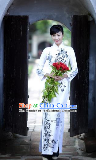 Traditional Top Grade Asian Vietnamese Costumes Classical Wedding Bride Printing Cheongsam, Vietnam National White Ao Dai Dress for Women