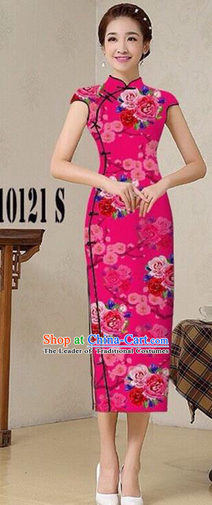Traditional Top Grade Chinese Costumes Classical Catwalks Printing Princess Cheongsam, China National Pink Chi-pao Dress for Women